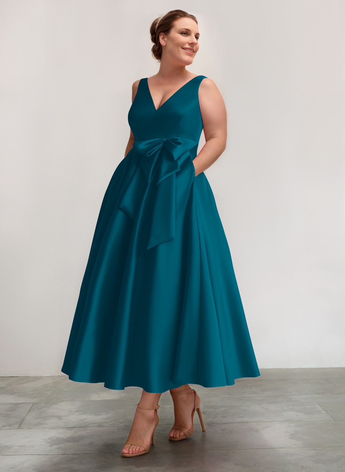 A-Line V-Neck Satin Mother Of The Bride Dresses With Bow(s)/Pockets, product image 20
