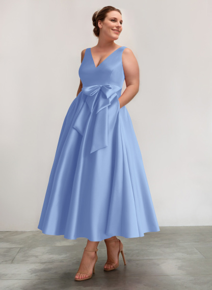 A-Line V-Neck Satin Mother Of The Bride Dresses With Bow(s)/Pockets, product image 26