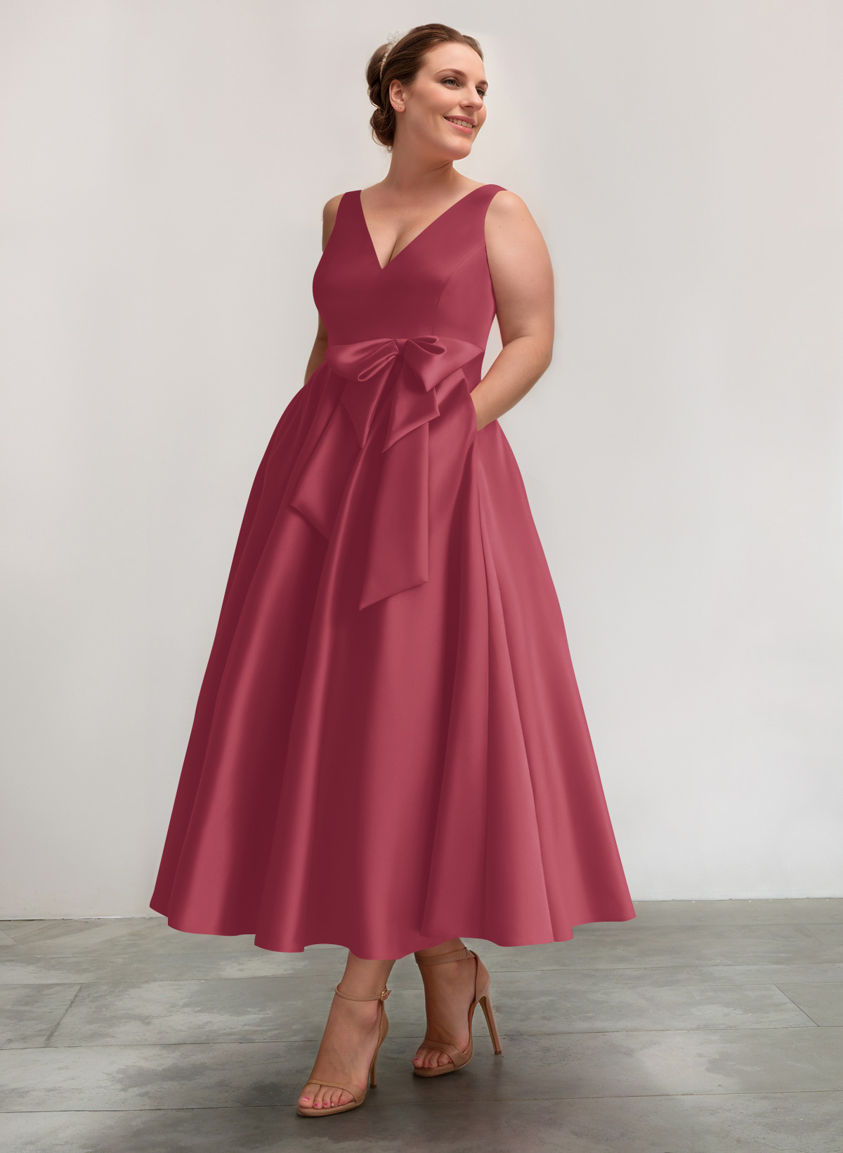 A-Line V-Neck Satin Mother Of The Bride Dresses With Bow(s)/Pockets, product image 56