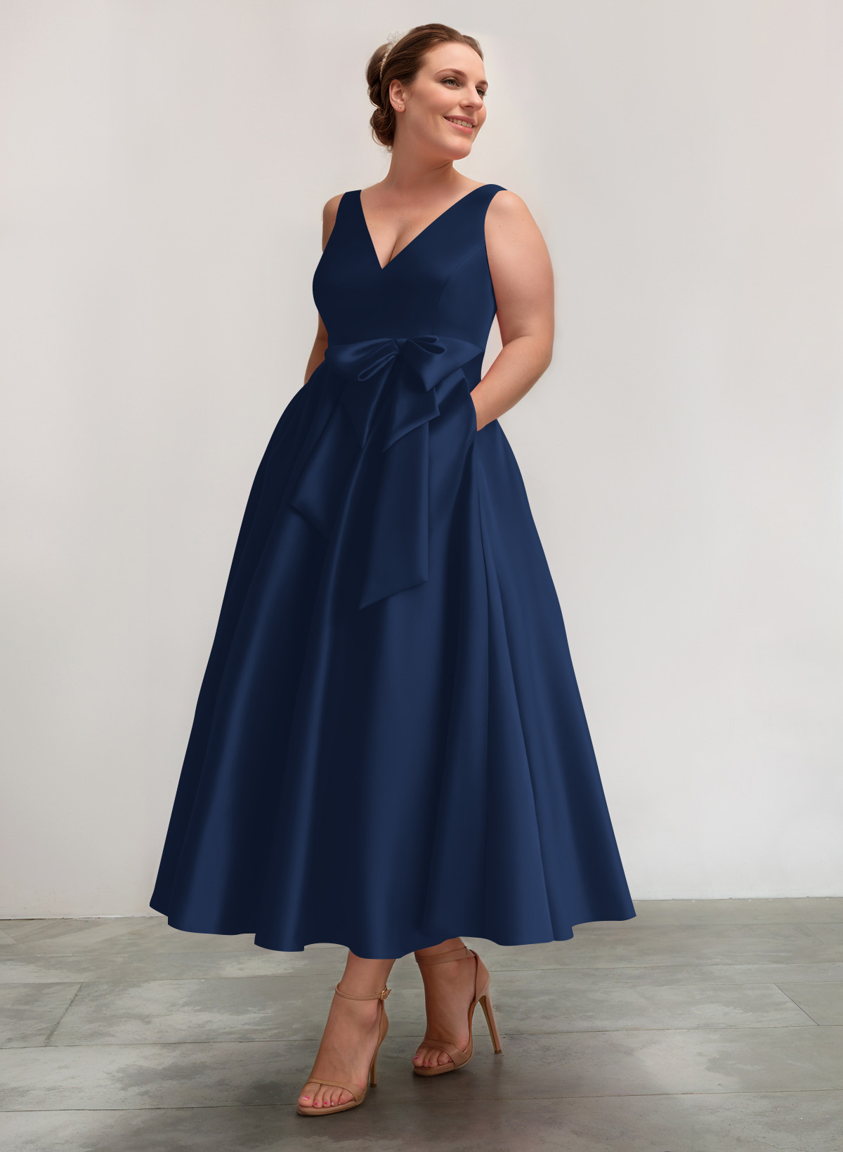 A-Line V-Neck Satin Mother Of The Bride Dresses With Bow(s)/Pockets, product image 8