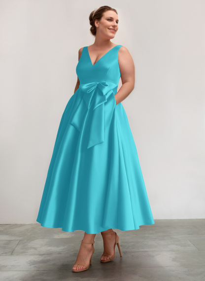 A-Line V-Neck Satin Mother Of The Bride Dresses With Bow(s)/Pockets, product image 22