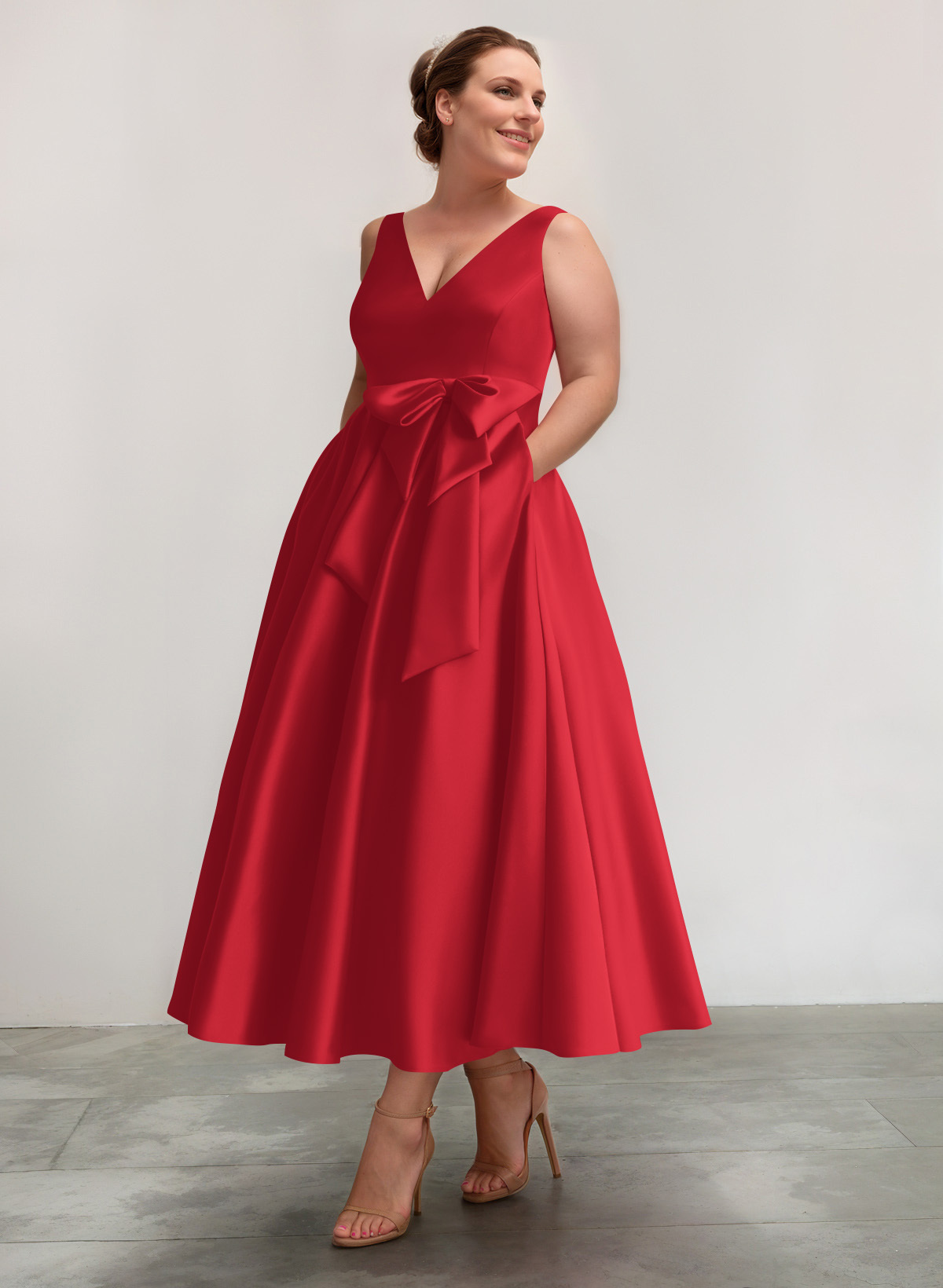 A-Line V-Neck Satin Mother Of The Bride Dresses With Bow(s)/Pockets, product image 48