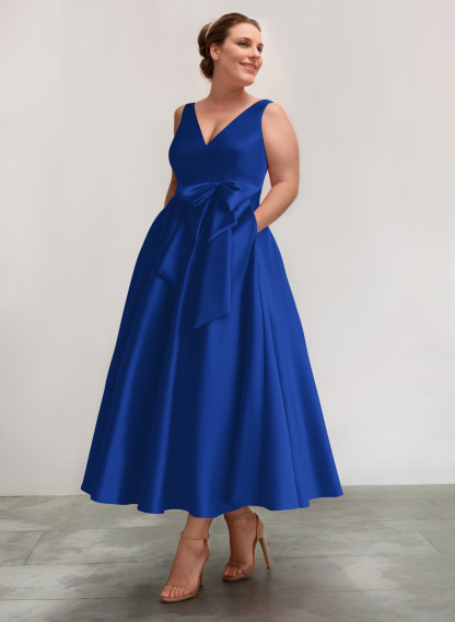 A-Line V-Neck Satin Mother Of The Bride Dresses With Bow(s)/Pockets, product image 10