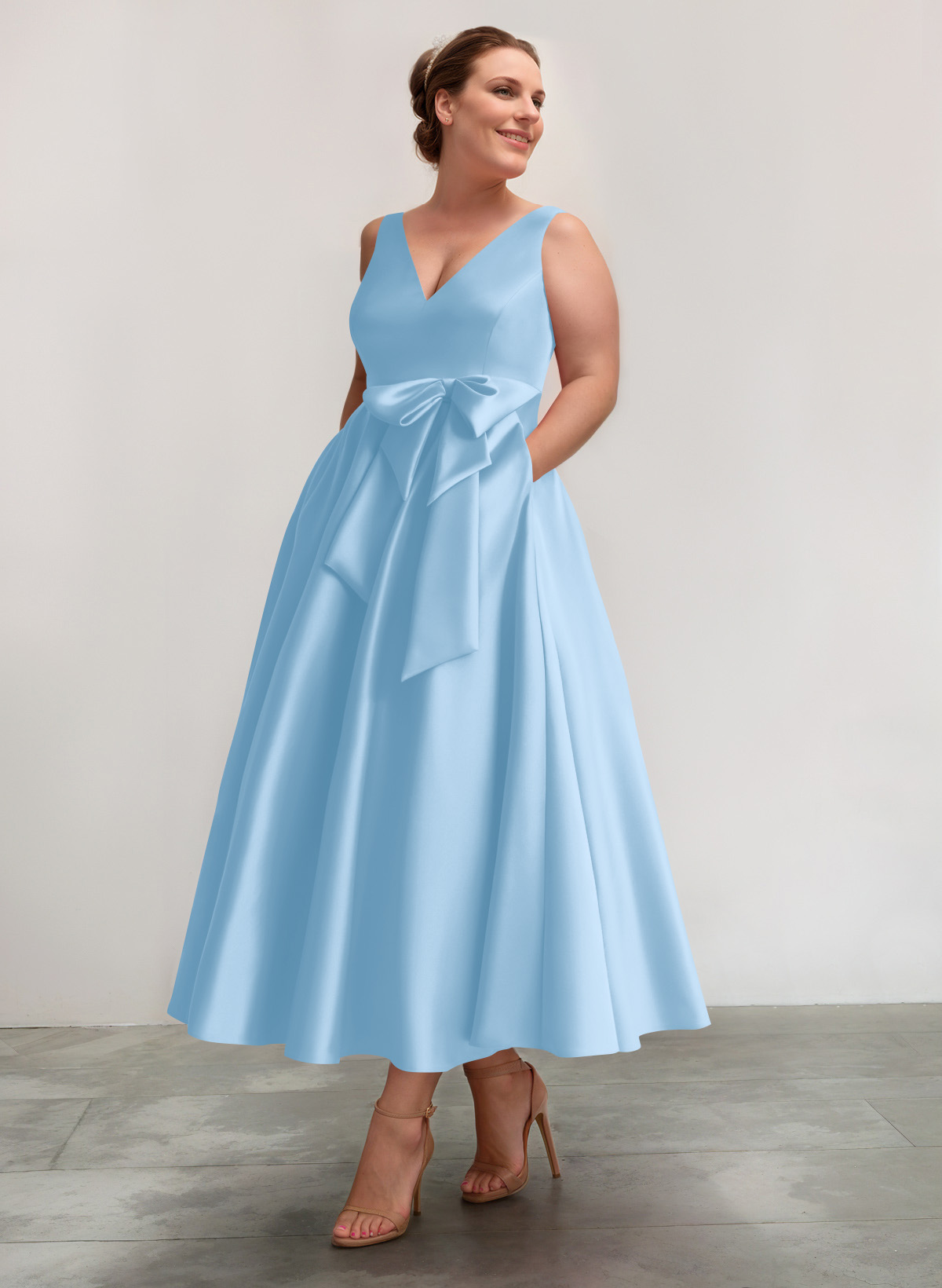 A-Line V-Neck Satin Mother Of The Bride Dresses With Bow(s)/Pockets, product image 18