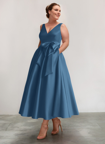 A-Line V-Neck Satin Mother Of The Bride Dresses With Bow(s)/Pockets, product image 12