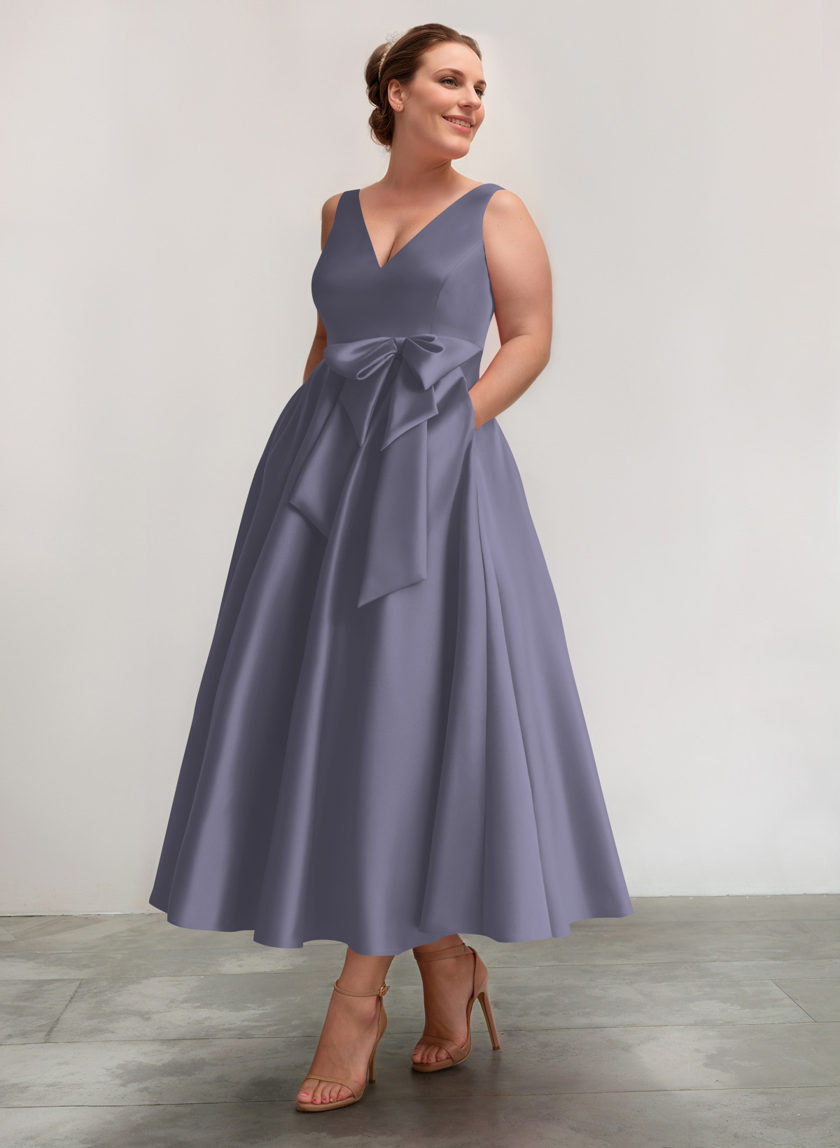 A-Line V-Neck Satin Mother Of The Bride Dresses With Bow(s)/Pockets, product image 14