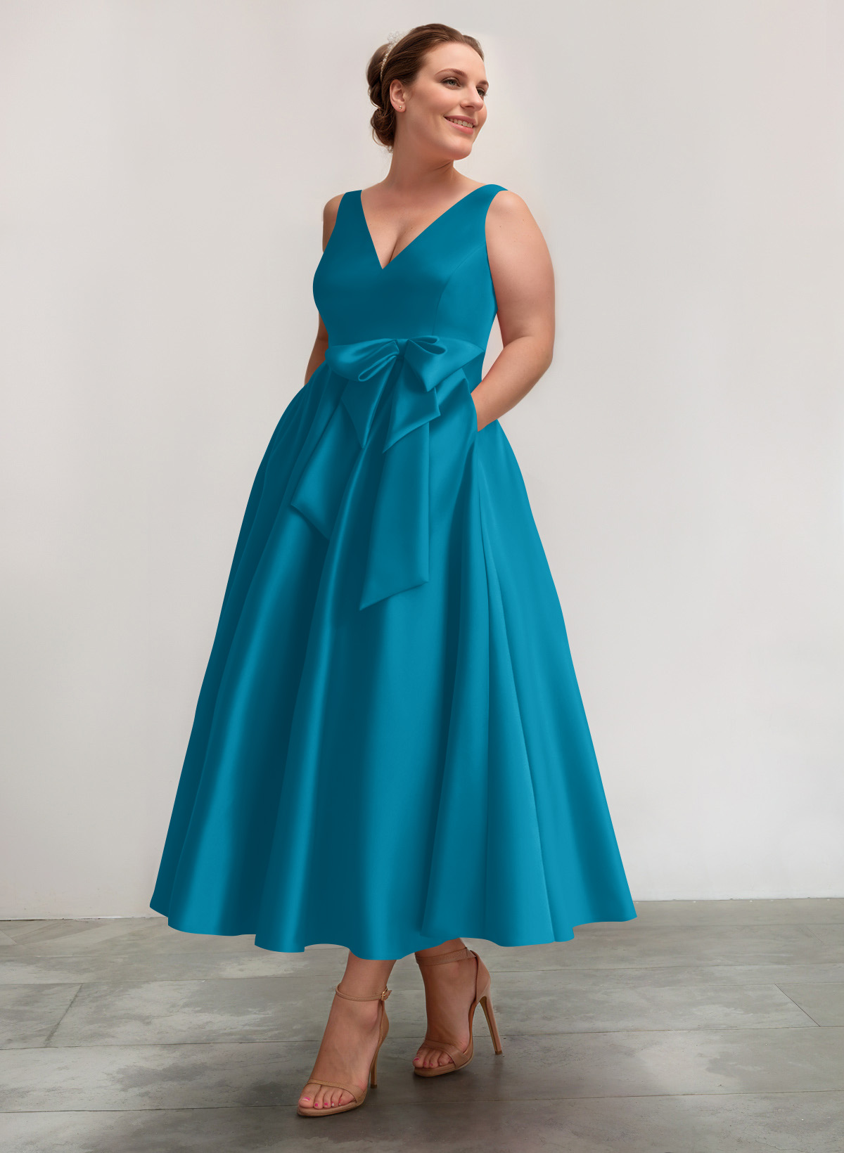 A-Line V-Neck Satin Mother Of The Bride Dresses With Bow(s)/Pockets, product image 28