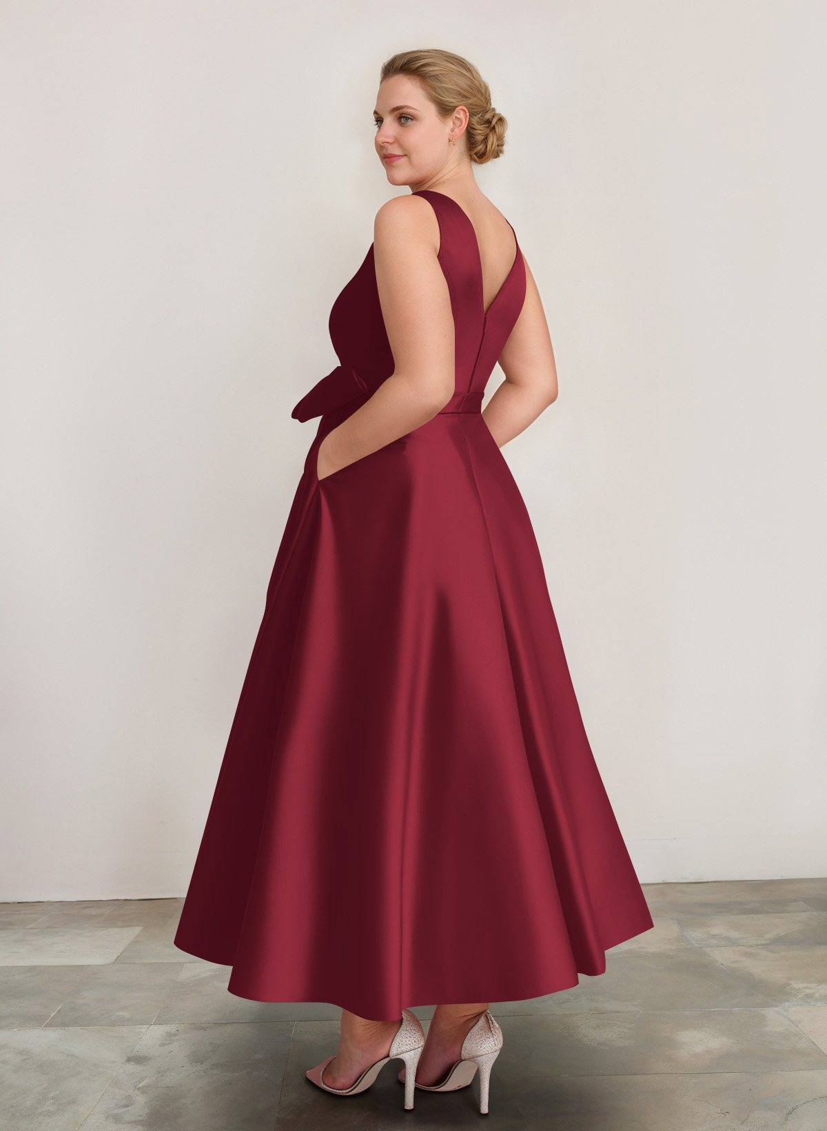 A-Line V-Neck Satin Mother Of The Bride Dresses With Bow(s)/Pockets, product image 51