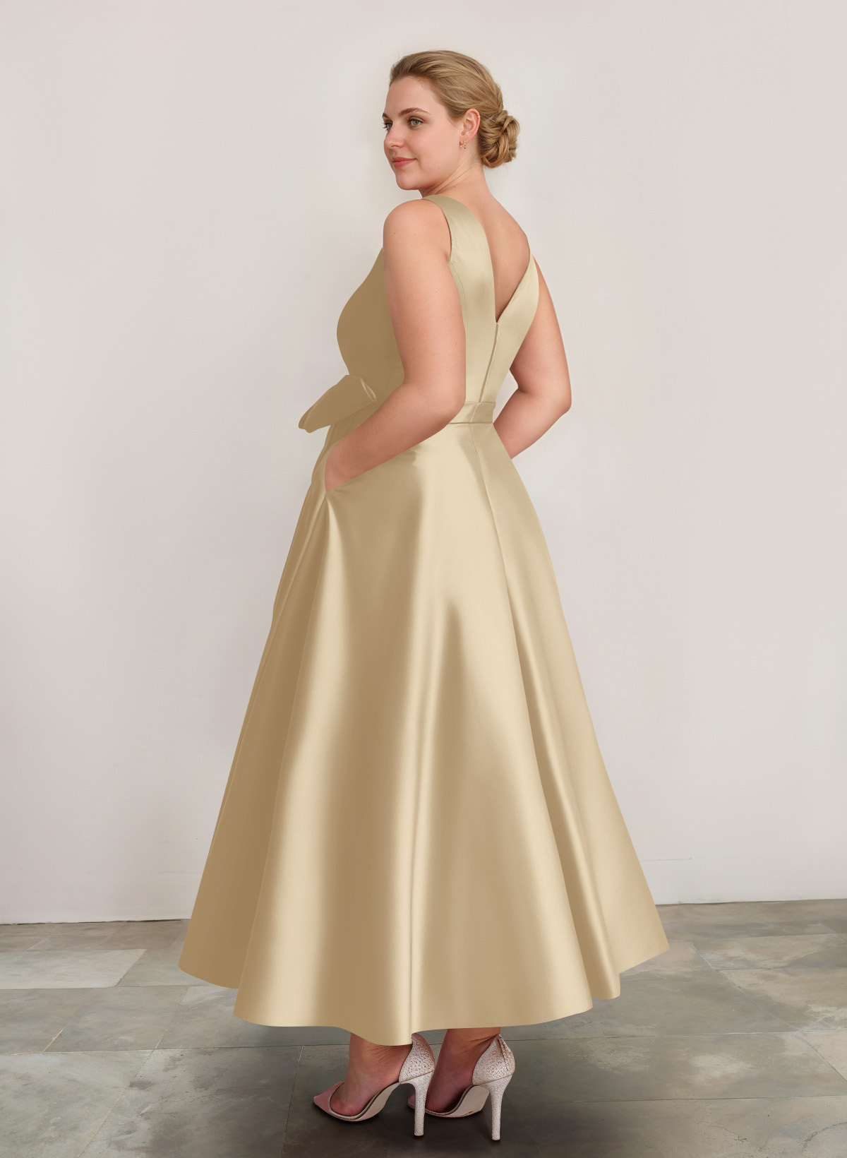 A-Line V-Neck Satin Mother Of The Bride Dresses With Bow(s)/Pockets, product image 5
