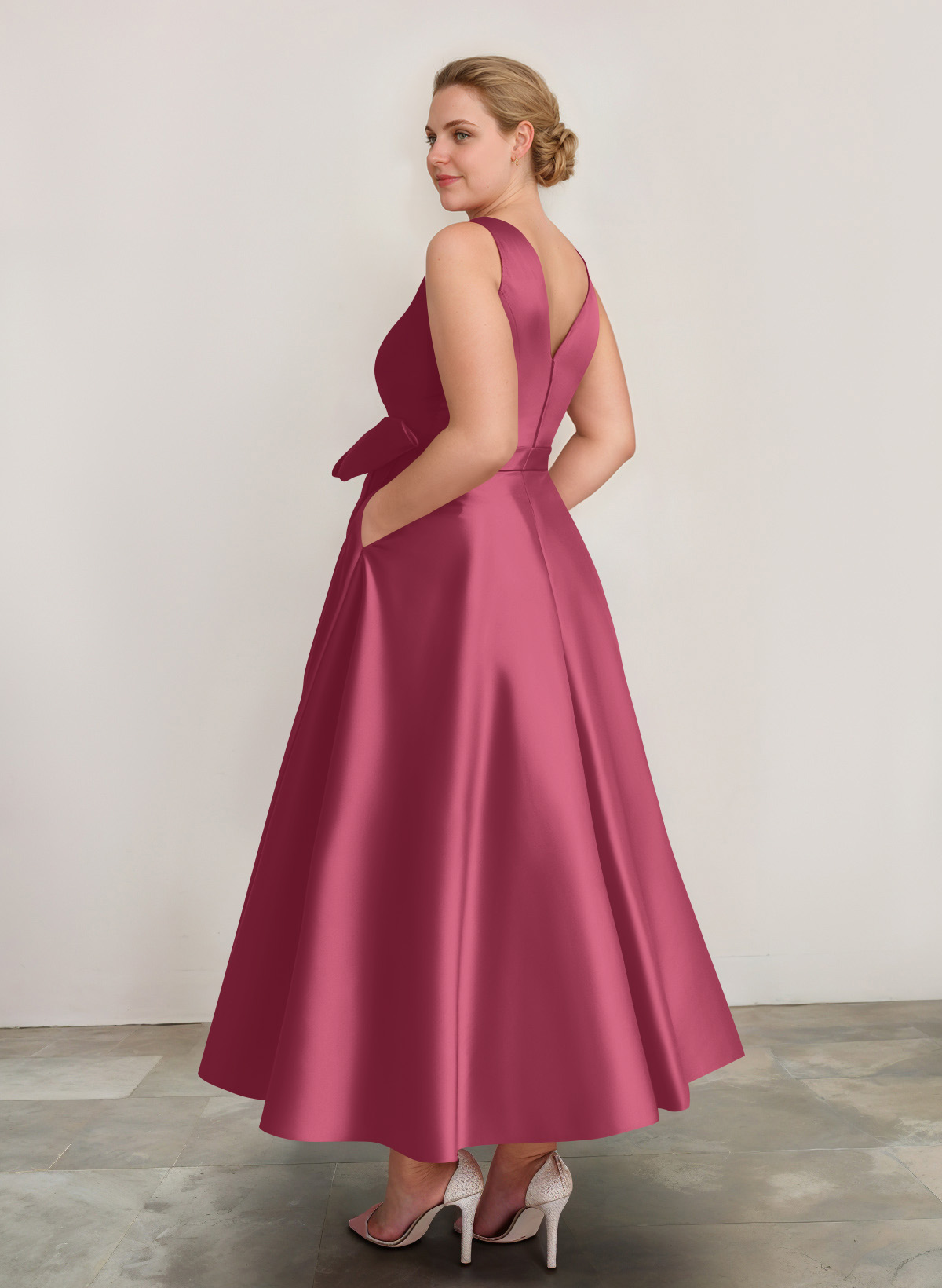 A-Line V-Neck Satin Mother Of The Bride Dresses With Bow(s)/Pockets, product image 55