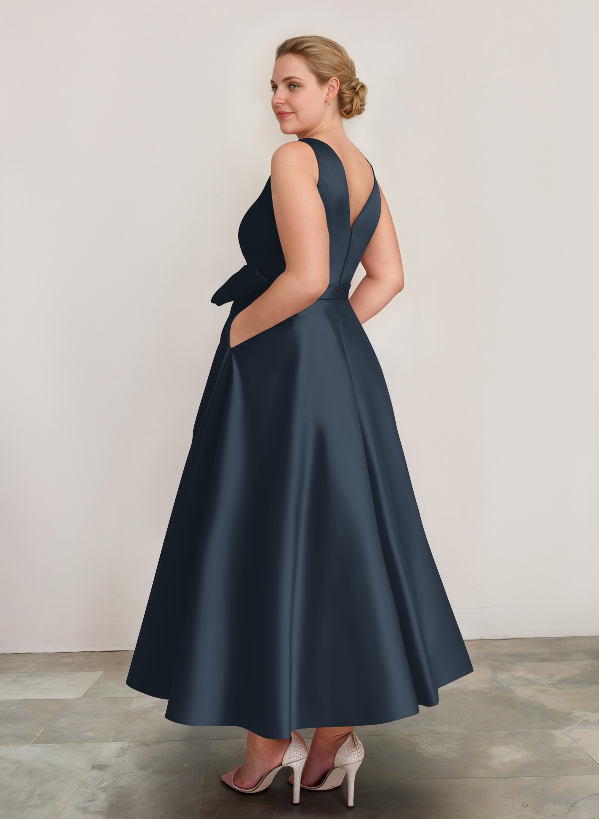 A-Line V-Neck Satin Mother Of The Bride Dresses With Bow(s)/Pockets, product image 7