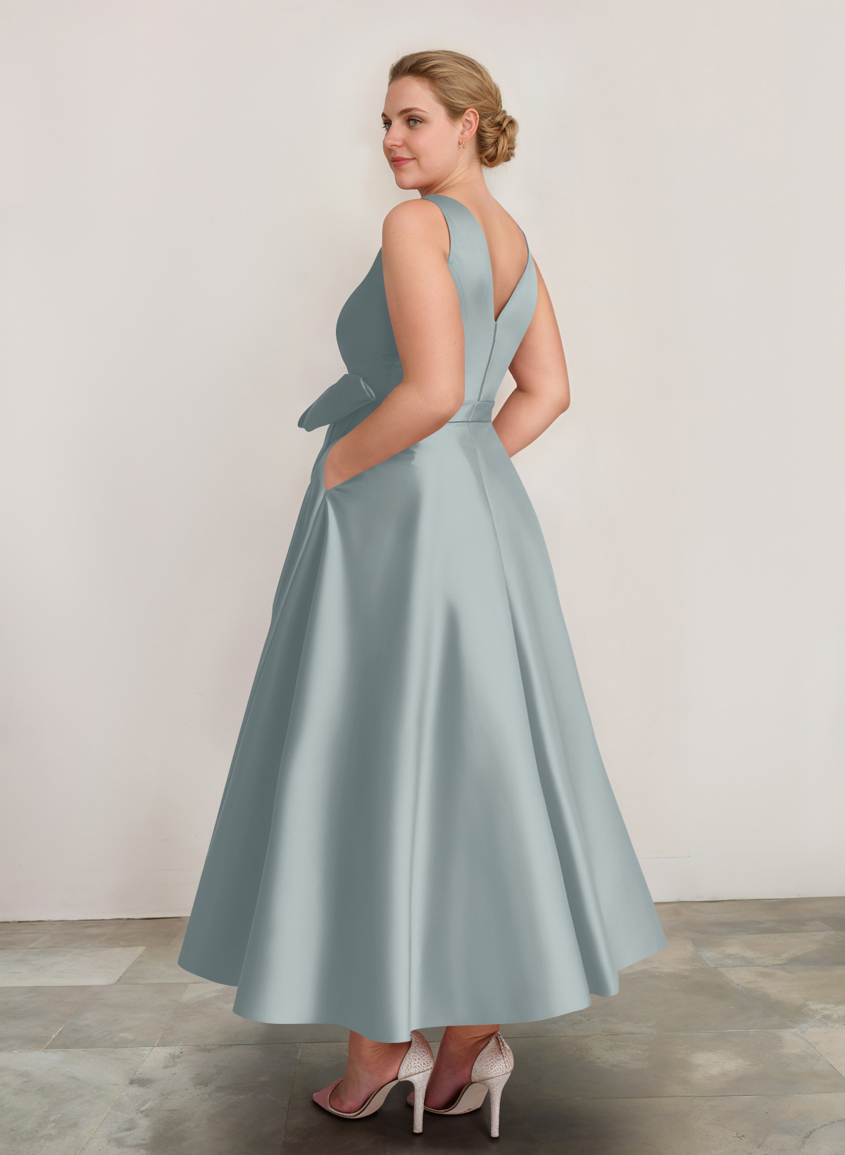 A-Line V-Neck Satin Mother Of The Bride Dresses With Bow(s)/Pockets, product image 17