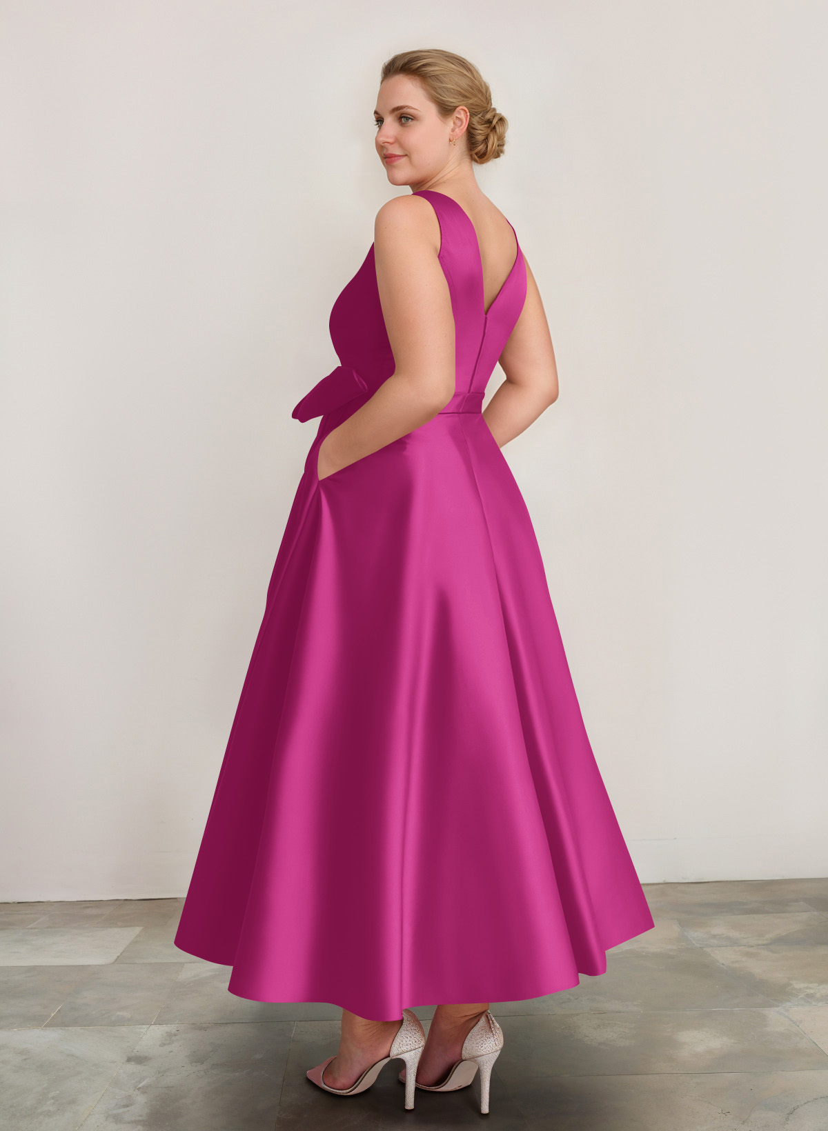 A-Line V-Neck Satin Mother Of The Bride Dresses With Bow(s)/Pockets, product image 31
