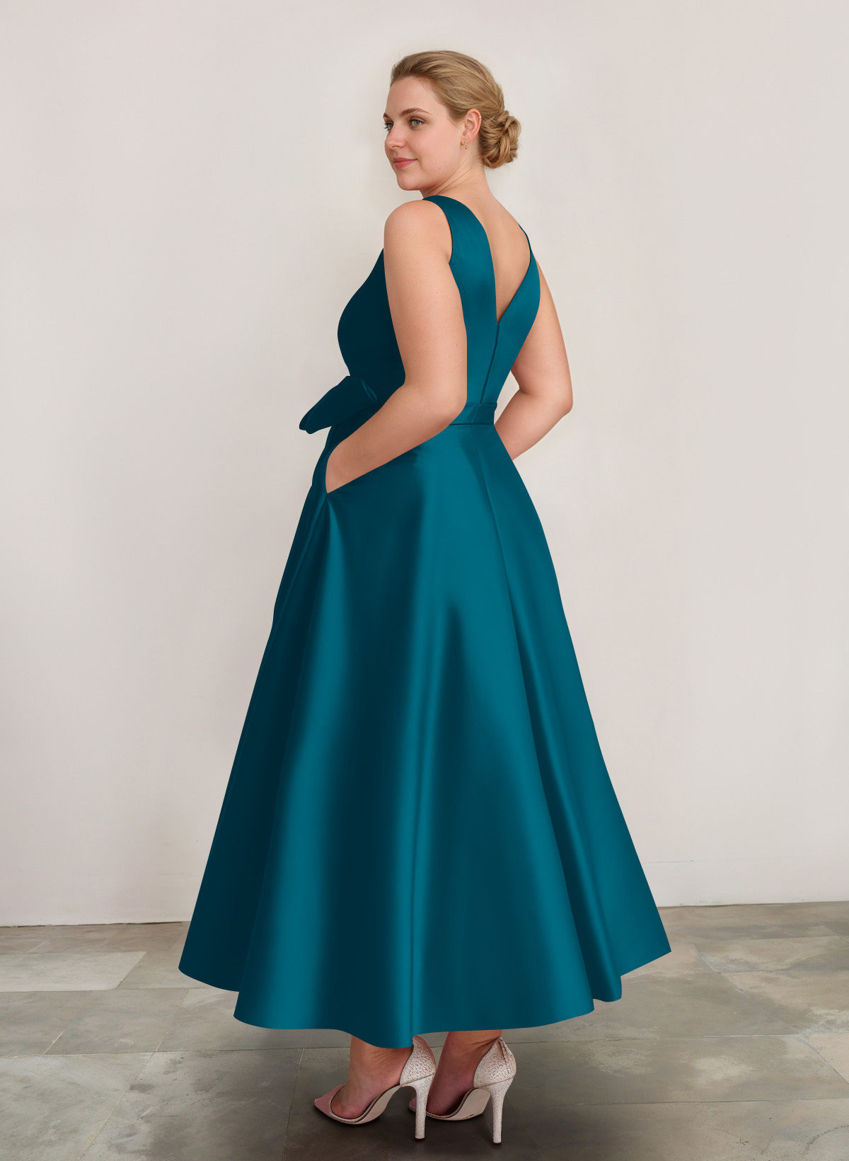 A-Line V-Neck Satin Mother Of The Bride Dresses With Bow(s)/Pockets, product image 21