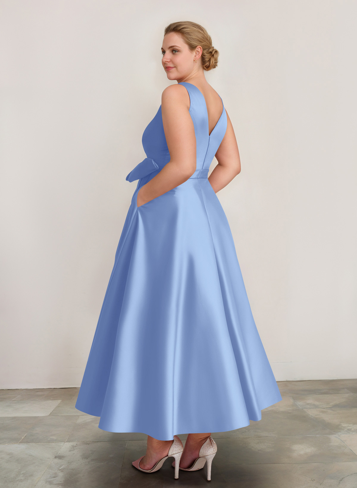 A-Line V-Neck Satin Mother Of The Bride Dresses With Bow(s)/Pockets, product image 27