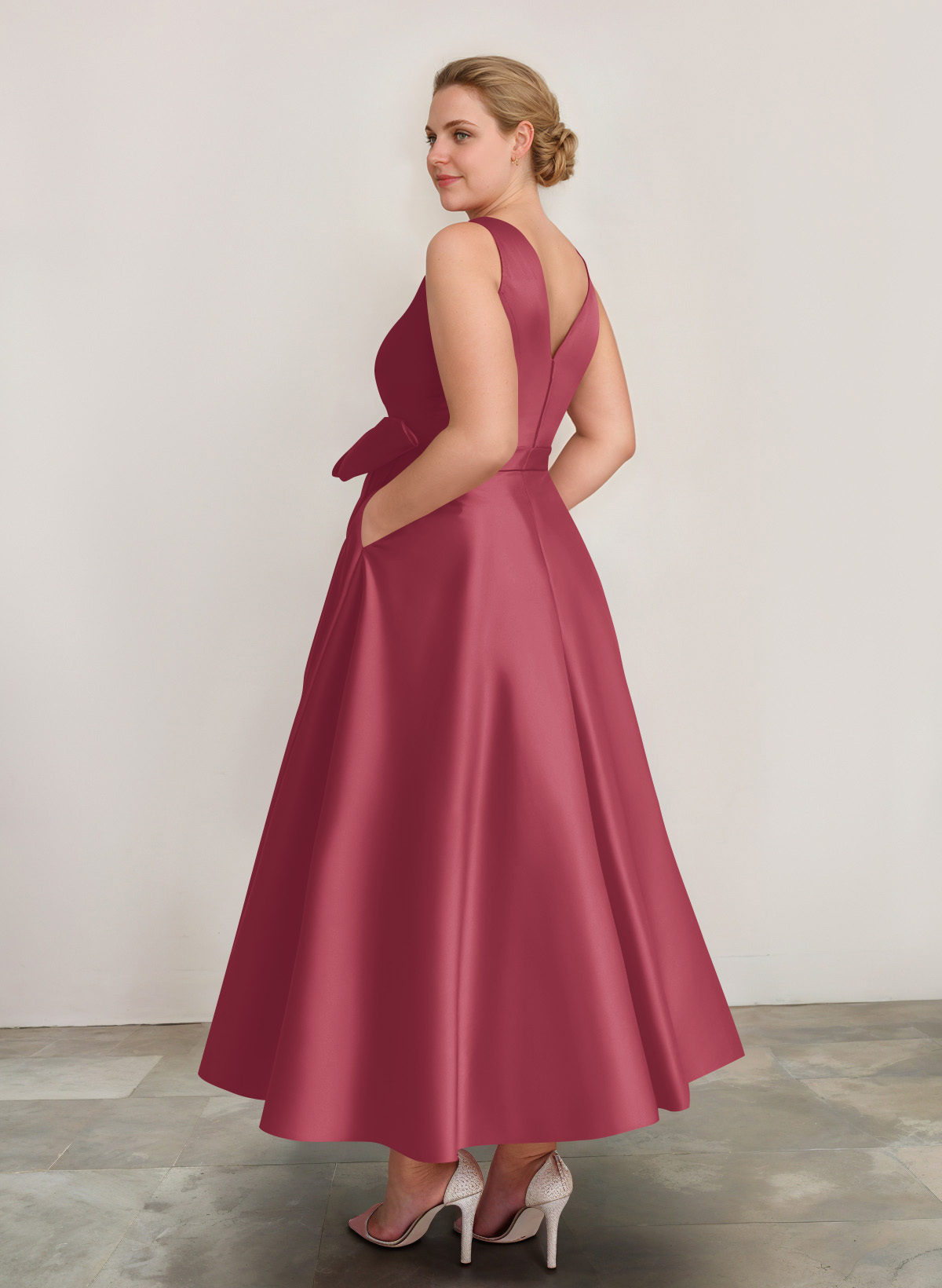 A-Line V-Neck Satin Mother Of The Bride Dresses With Bow(s)/Pockets, product image 57