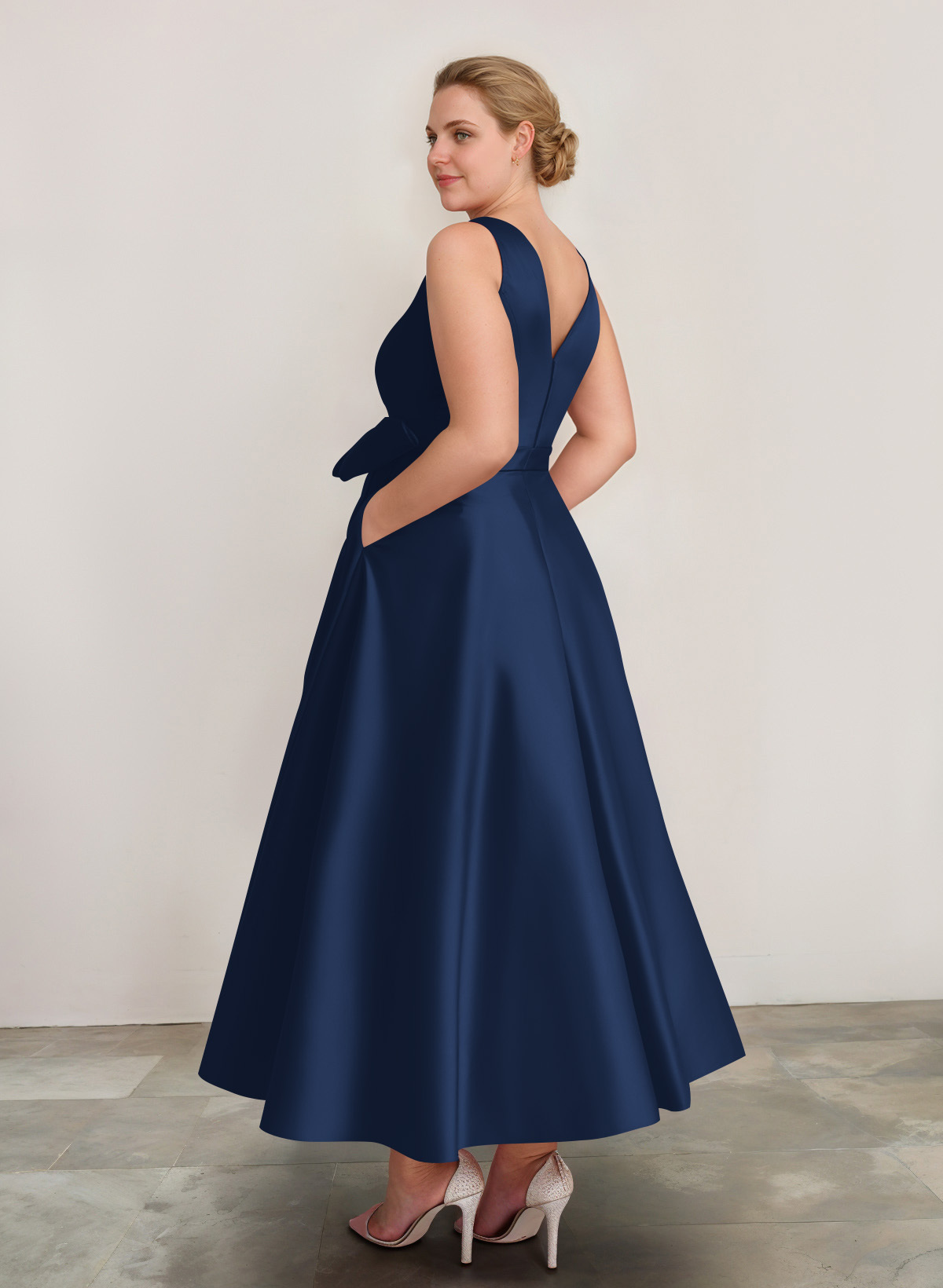 A-Line V-Neck Satin Mother Of The Bride Dresses With Bow(s)/Pockets, product image 9