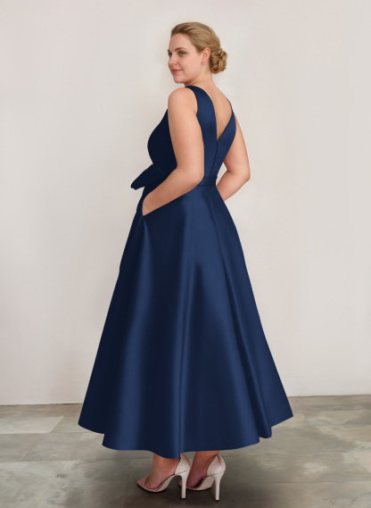 A-Line V-Neck Satin Mother Of The Bride Dresses With Bow(s)/Pockets, product image 9