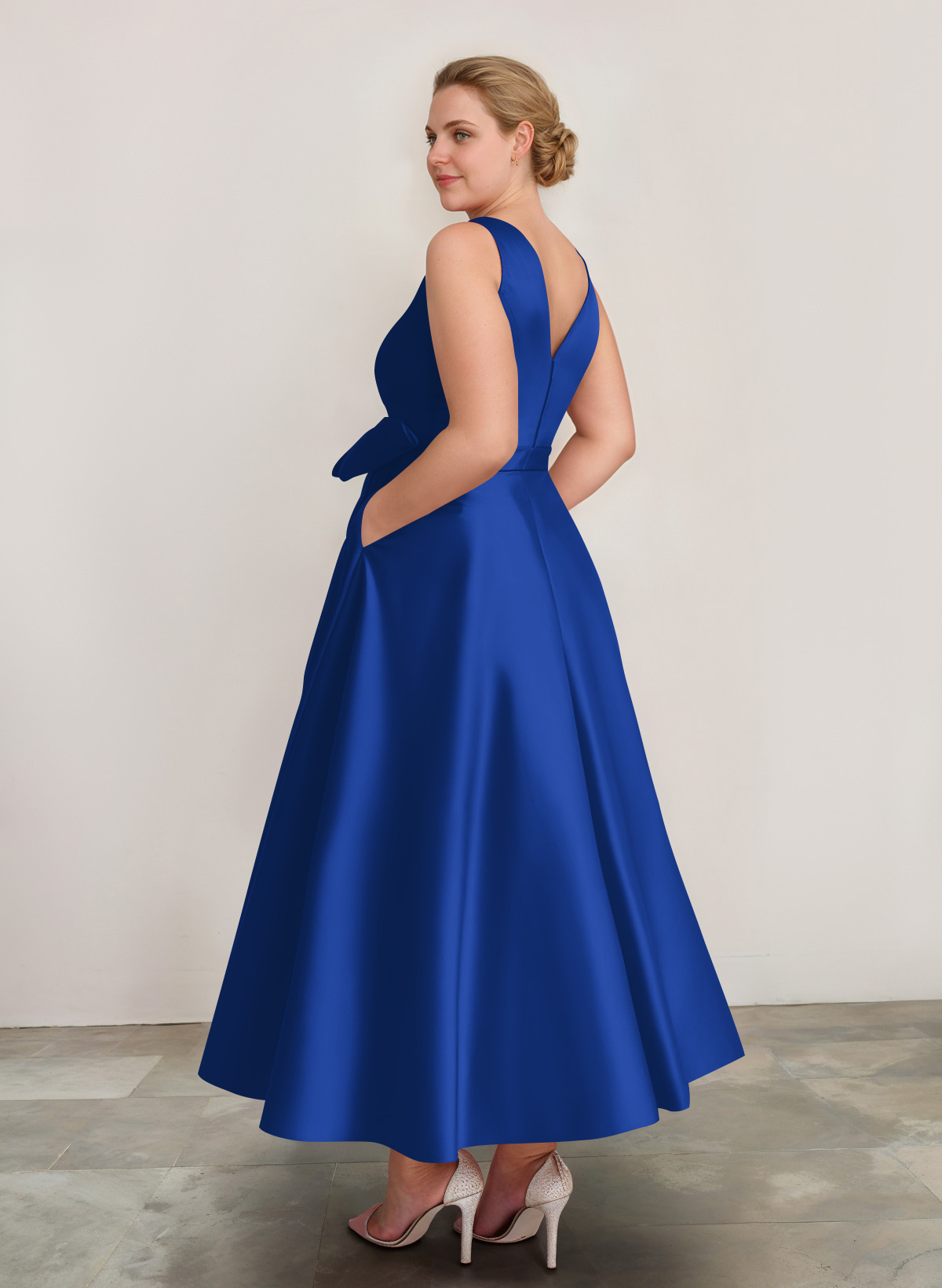 A-Line V-Neck Satin Mother Of The Bride Dresses With Bow(s)/Pockets, product image 11