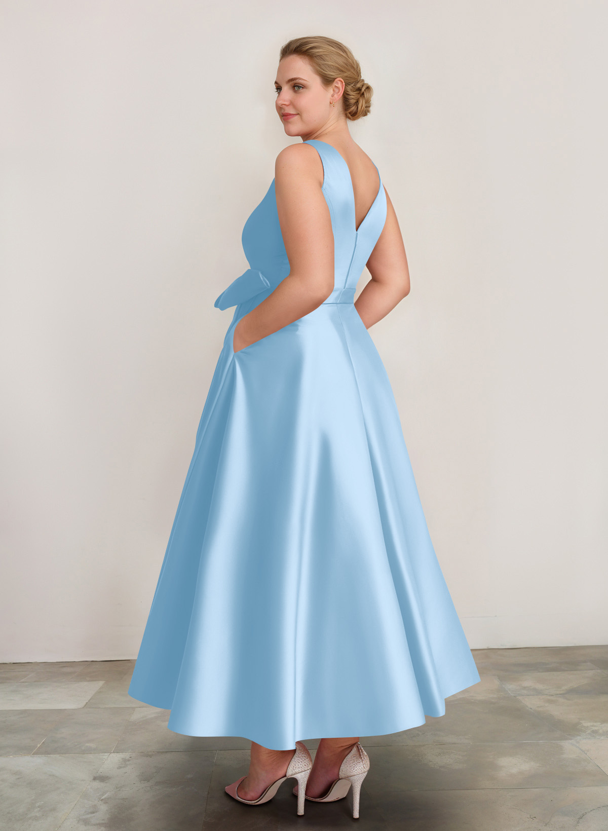 A-Line V-Neck Satin Mother Of The Bride Dresses With Bow(s)/Pockets, product image 19