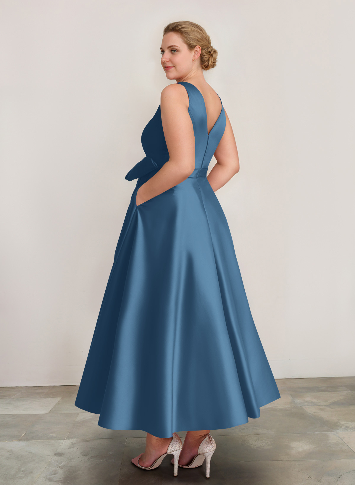 A-Line V-Neck Satin Mother Of The Bride Dresses With Bow(s)/Pockets, product image 13