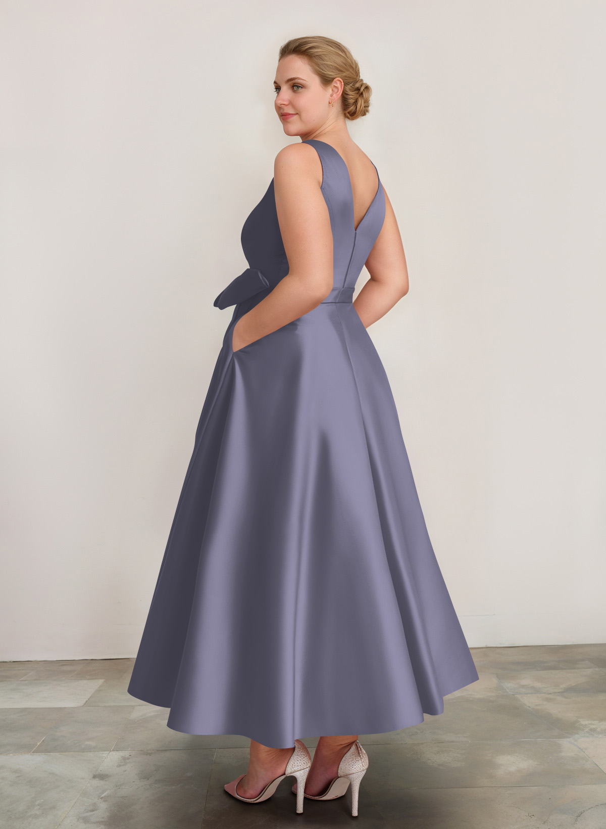 A-Line V-Neck Satin Mother Of The Bride Dresses With Bow(s)/Pockets, product image 15