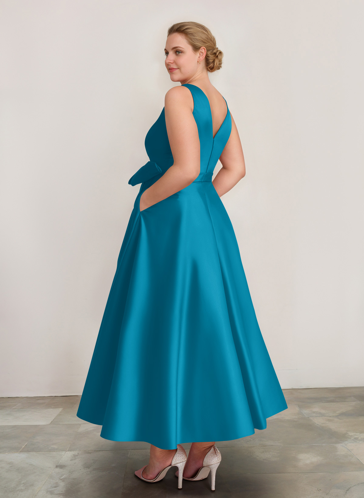 A-Line V-Neck Satin Mother Of The Bride Dresses With Bow(s)/Pockets, product image 29