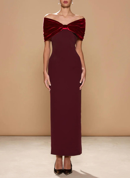 Sheath/Column Off-The-Shoulder Ankle-Length Elastic Satin Evening Dresses With Bow(s) in Burgundy, US2