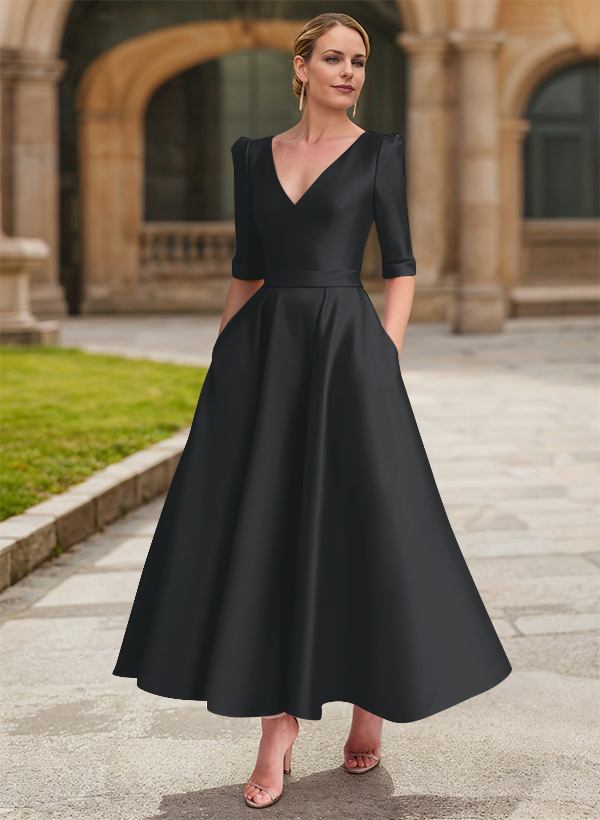 A-Line V-Neck 1/2 Sleeves Ankle-Length Satin Mother Of The Bride Dresses