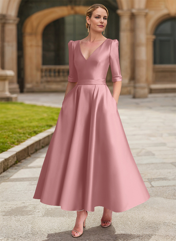 A-Line V-Neck 1/2 Sleeves Ankle-Length Satin Mother Of The Bride Dresses