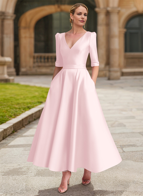 A-Line V-Neck 1/2 Sleeves Ankle-Length Satin Mother Of The Bride Dresses