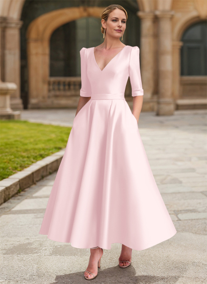 A-Line V-Neck 1/2 Sleeves Ankle-Length Satin Mother Of The Bride Dresses