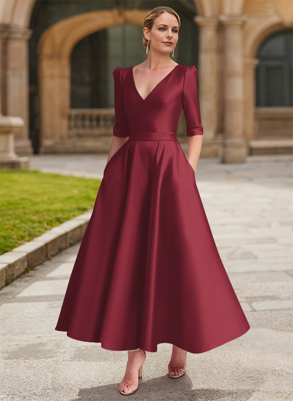 A-Line V-Neck 1/2 Sleeves Ankle-Length Satin Mother Of The Bride Dresses