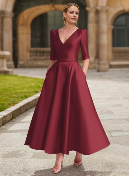 A-Line V-Neck 1/2 Sleeves Ankle-Length Satin Mother Of The Bride Dresses