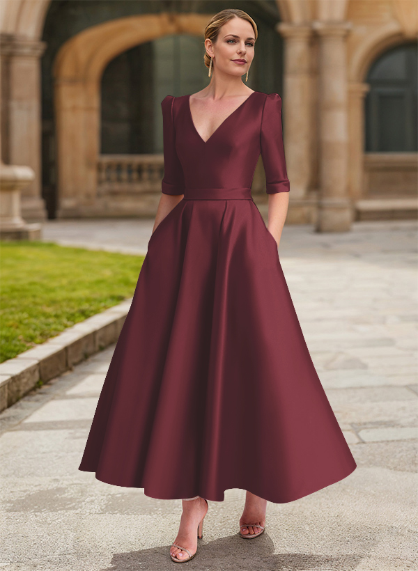 A-Line V-Neck 1/2 Sleeves Ankle-Length Satin Mother Of The Bride Dresses