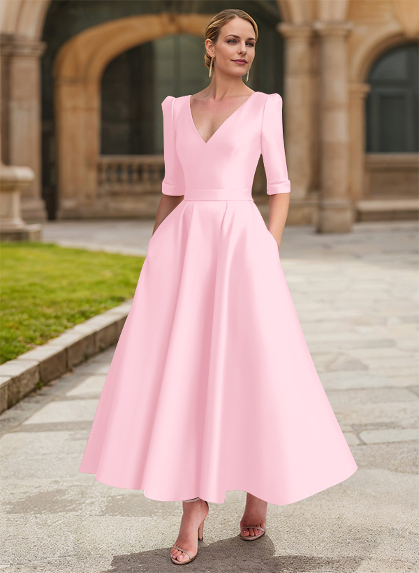 A-Line V-Neck 1/2 Sleeves Ankle-Length Satin Mother Of The Bride Dresses