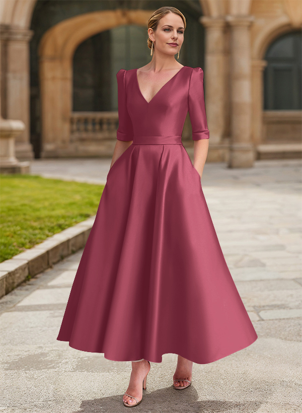 A-Line V-Neck 1/2 Sleeves Ankle-Length Satin Mother Of The Bride Dresses