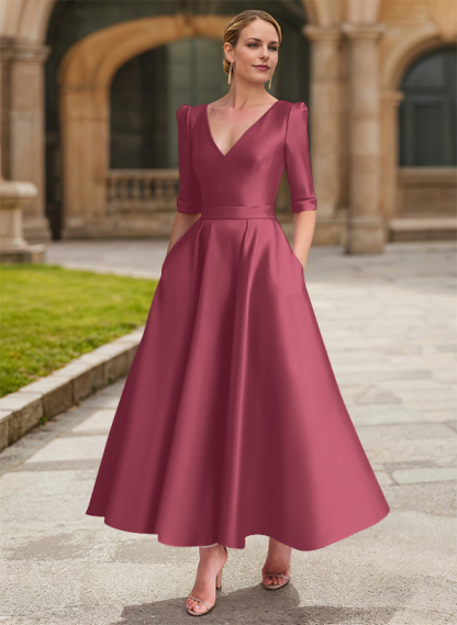 A-Line V-Neck 1/2 Sleeves Ankle-Length Satin Mother Of The Bride Dresses