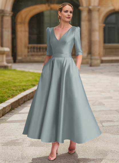 A-Line V-Neck 1/2 Sleeves Ankle-Length Satin Mother Of The Bride Dresses