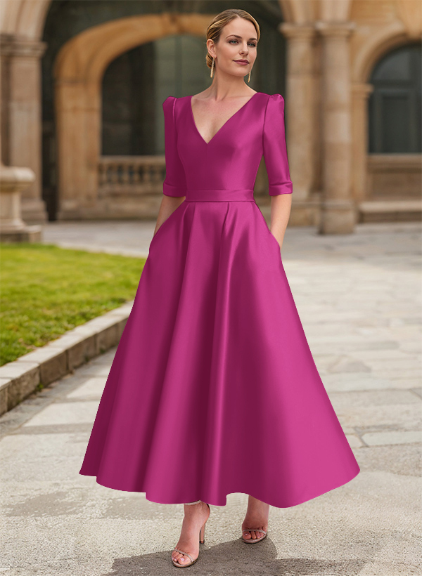 A-Line V-Neck 1/2 Sleeves Ankle-Length Satin Mother Of The Bride Dresses