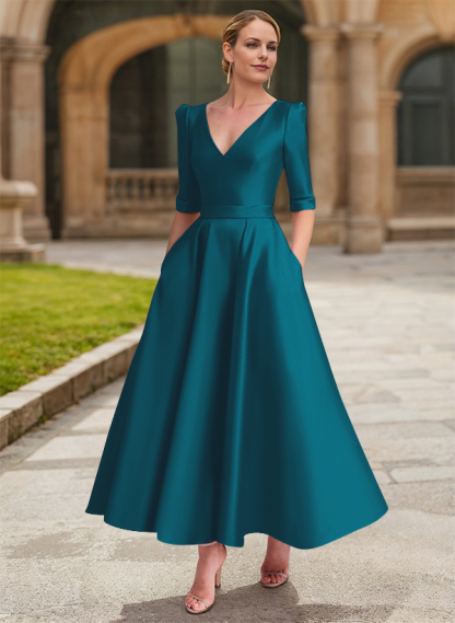 A-Line V-Neck 1/2 Sleeves Ankle-Length Satin Mother Of The Bride Dresses