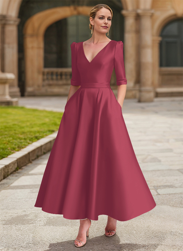 A-Line V-Neck 1/2 Sleeves Ankle-Length Satin Mother Of The Bride Dresses