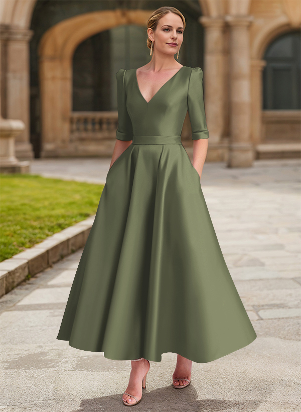 A-Line V-Neck 1/2 Sleeves Ankle-Length Satin Mother Of The Bride Dresses