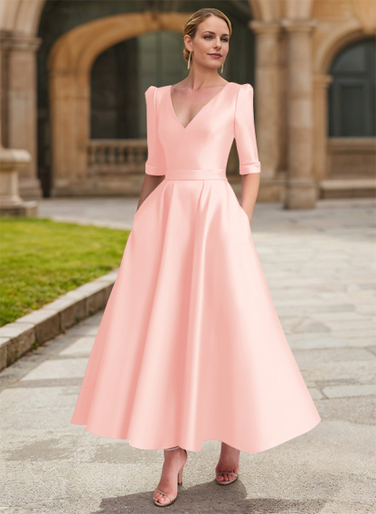 A-Line V-Neck 1/2 Sleeves Ankle-Length Satin Mother Of The Bride Dresses