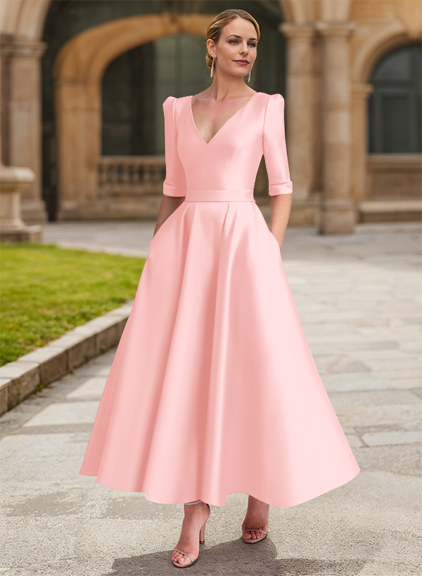 A-Line V-Neck 1/2 Sleeves Ankle-Length Satin Mother Of The Bride Dresses