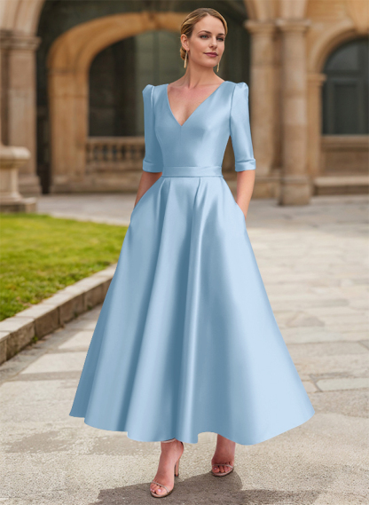 A-Line V-Neck 1/2 Sleeves Ankle-Length Satin Mother Of The Bride Dresses