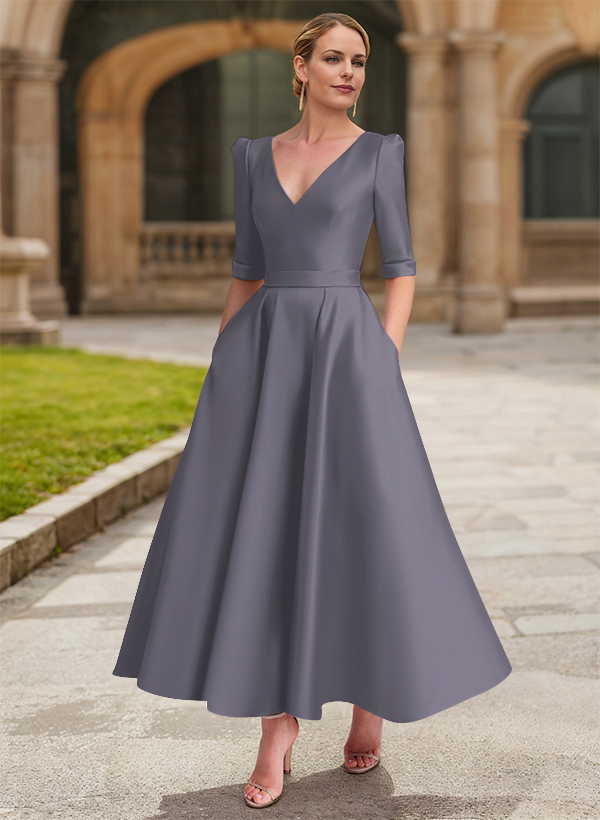 A-Line V-Neck 1/2 Sleeves Ankle-Length Satin Mother Of The Bride Dresses