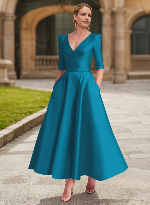 A-Line V-Neck 1/2 Sleeves Ankle-Length Satin Mother Of The Bride Dresses