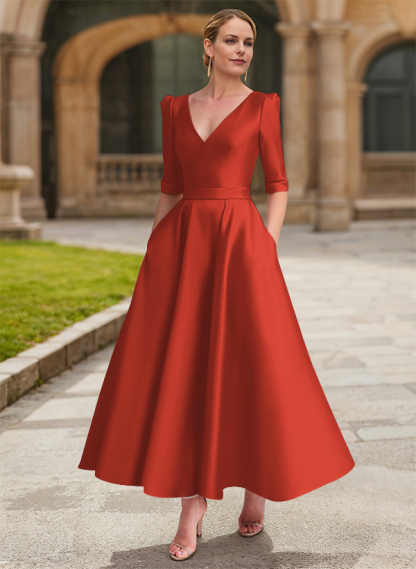 A-Line V-Neck 1/2 Sleeves Ankle-Length Satin Mother Of The Bride Dresses