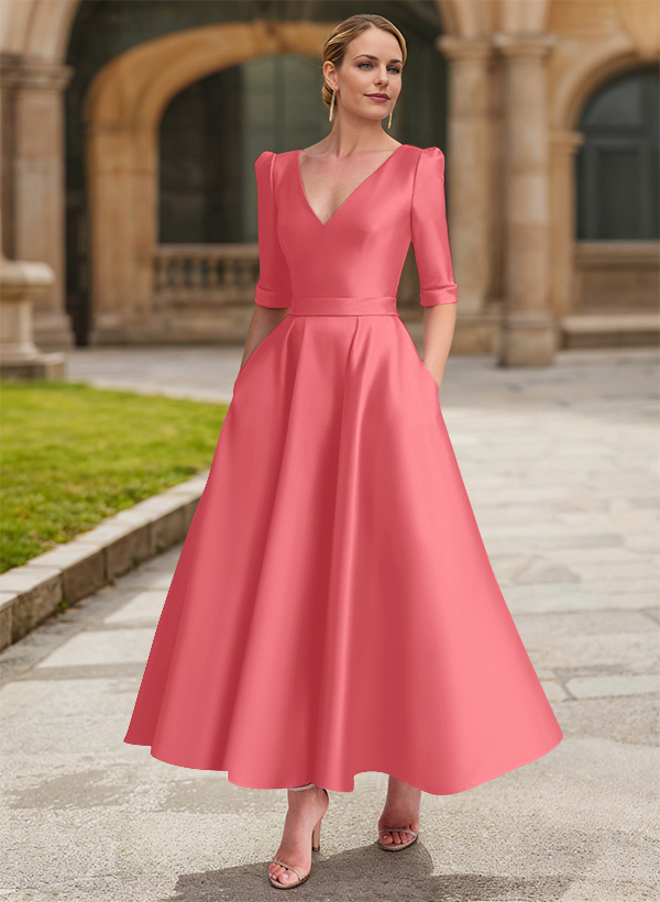 A-Line V-Neck 1/2 Sleeves Ankle-Length Satin Mother Of The Bride Dresses